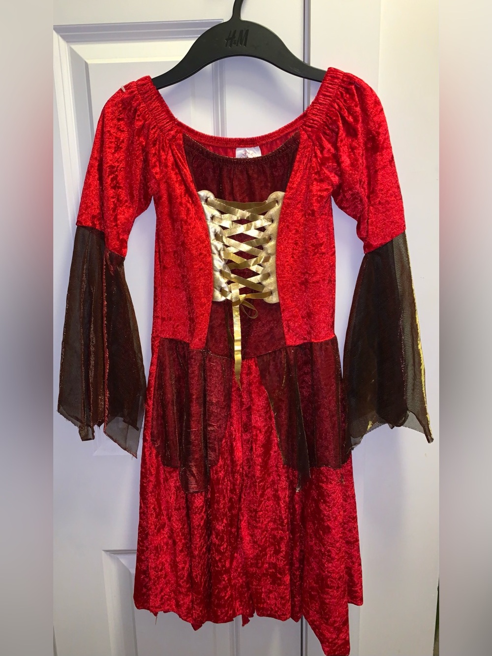 Red Velvet Dress with Gold Lace-Up Bodice